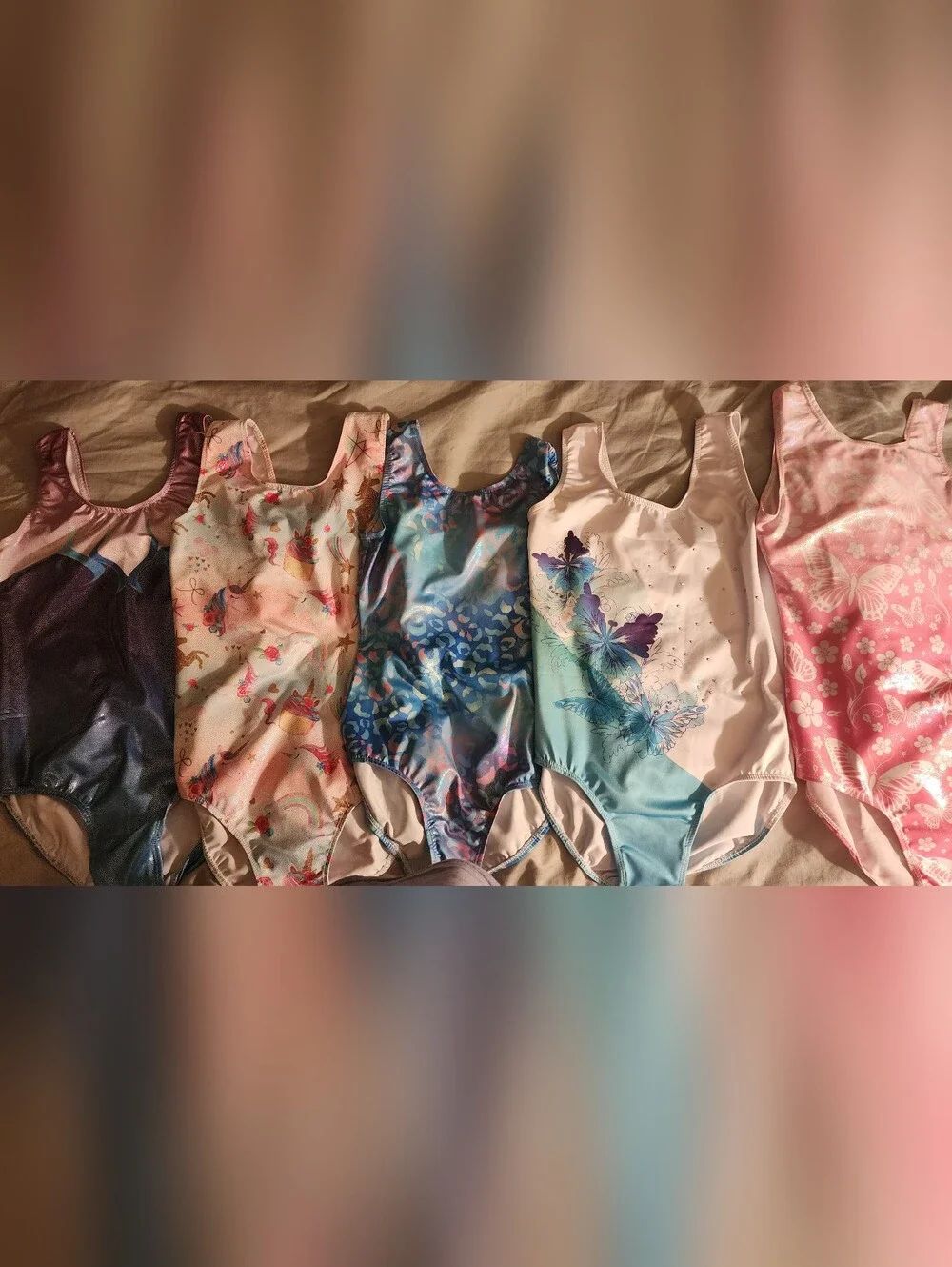 Lot of 5 Girls Gymnastics Leotards Sparkle Rainbow Butterfly Cheetah